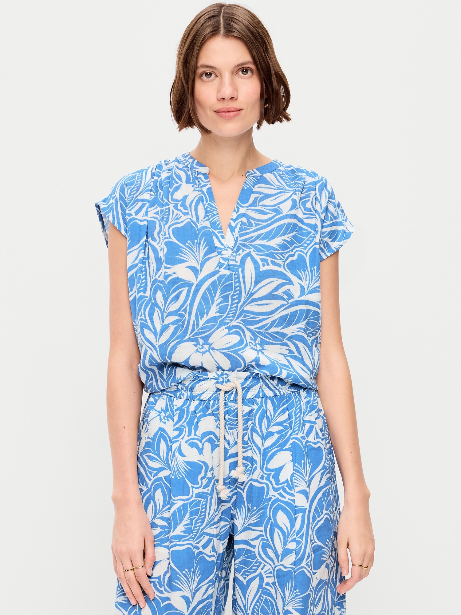 Short-Sleeve Crinkle Gauze Popover Top