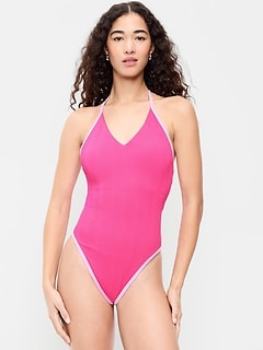 Ribbed V-Neck Halter One-Piece Swimsuit