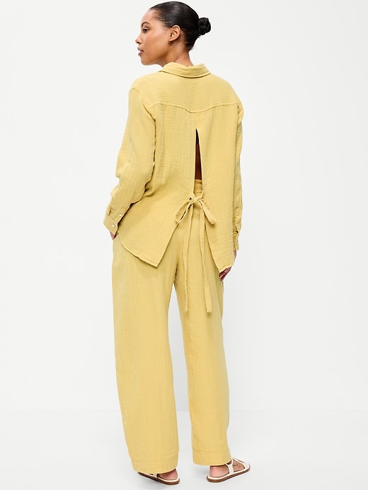 Image number 3 showing, High-Waisted Crinkle Gauze Wide-Leg Barrel Pants