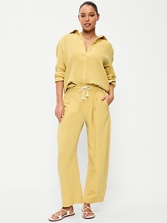 High-Waisted Crinkle Gauze Wide-Leg Barrel Pants