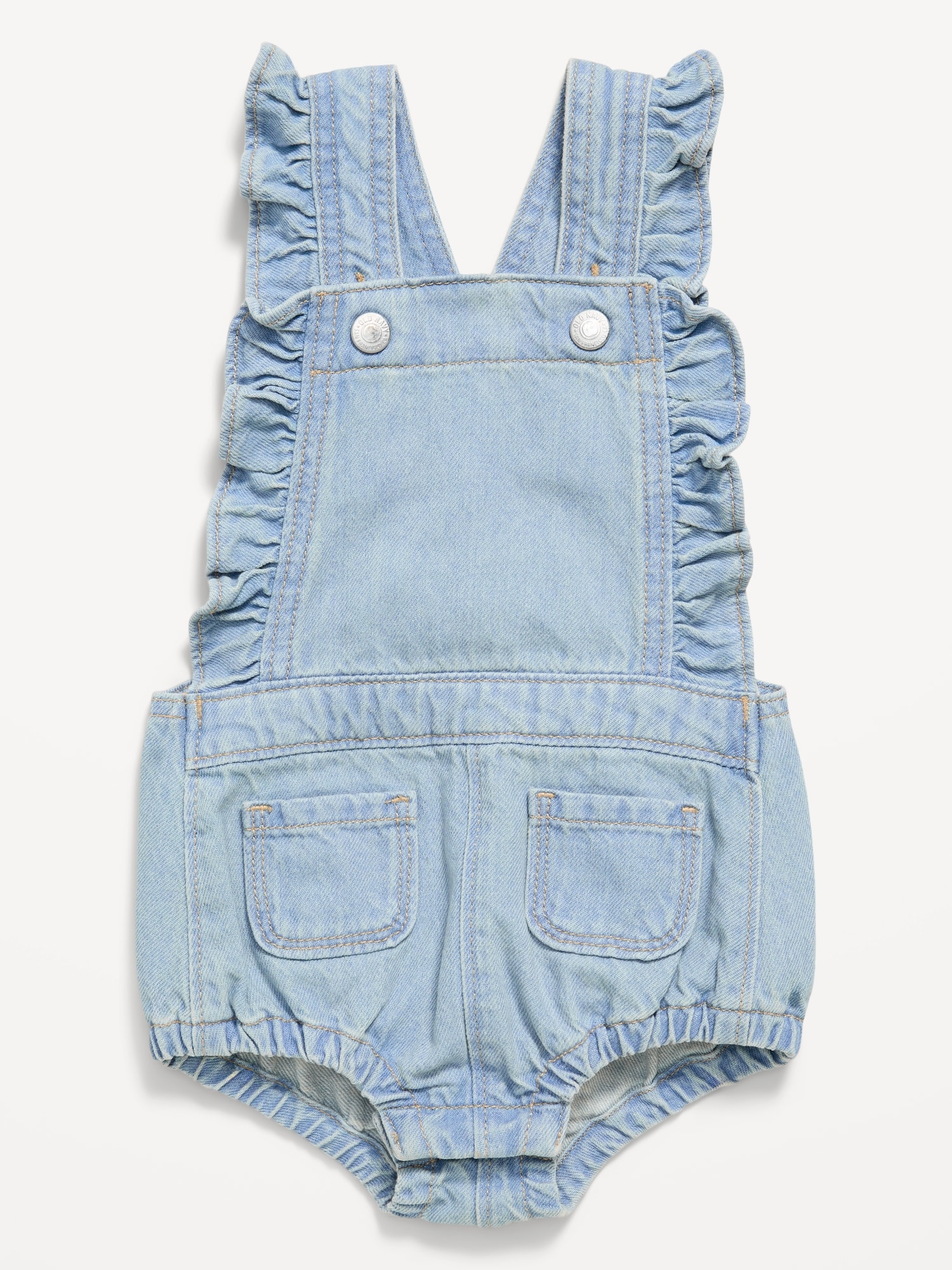 Ruffle-Trim Jean One-Piece Romper for Baby