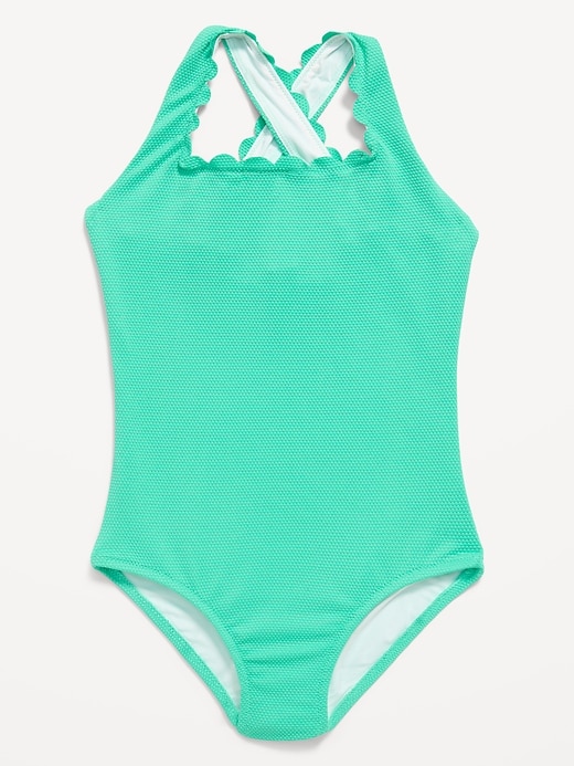 Image number 1 showing, Textured Scallop Cross-Back One-Piece Swimsuit for Girls