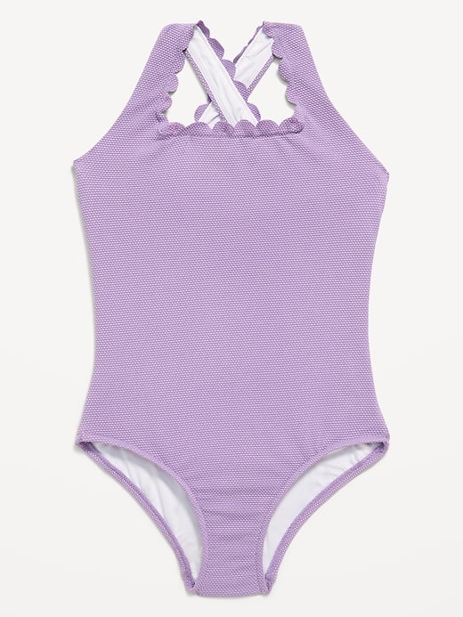 Image number 1 showing, Textured Scallop Cross-Back One-Piece Swimsuit for Girls