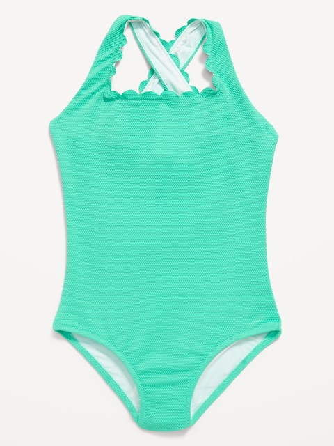 Textured Scallop Cross-Back One-Piece Swimsuit for Girls
