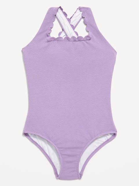 Textured Scallop Cross-Back One-Piece Swimsuit for Girls