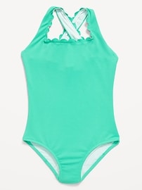 Image number 1 showing, Textured Scallop Cross-Back One-Piece Swimsuit for Girls