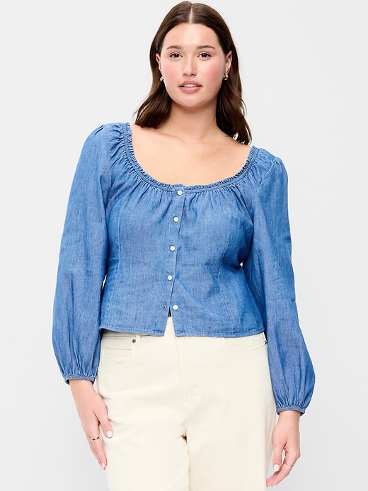 Image number 6 showing, Long-Sleeve Button-Down Jean Top