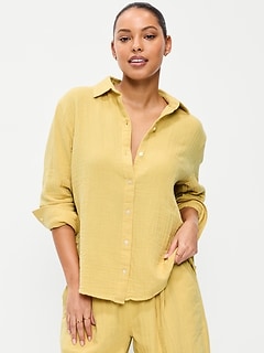 Open-Back Crinkle Gauze Button-Down Shirt