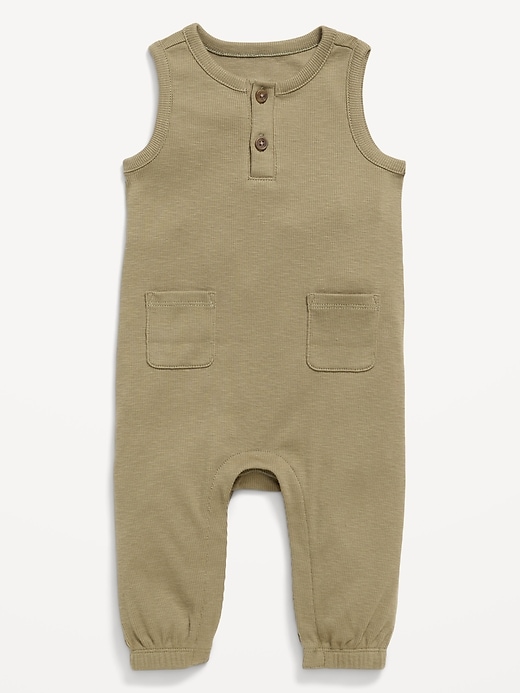 Image number 1 showing, Printed Sleeveless Henley One-Piece Romper for Baby