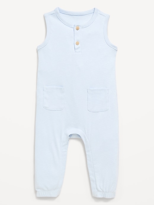 Image number 1 showing, Printed Sleeveless Henley One-Piece Romper for Baby