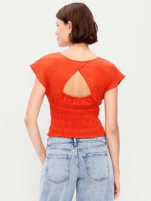 Image number 2 showing, Linen-Blend Short-Sleeve Smocked Top