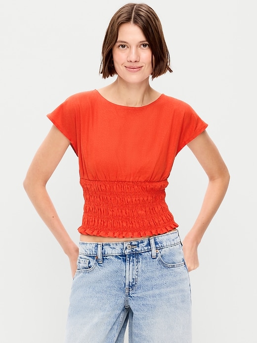 Image number 1 showing, Linen-Blend Short-Sleeve Smocked Top