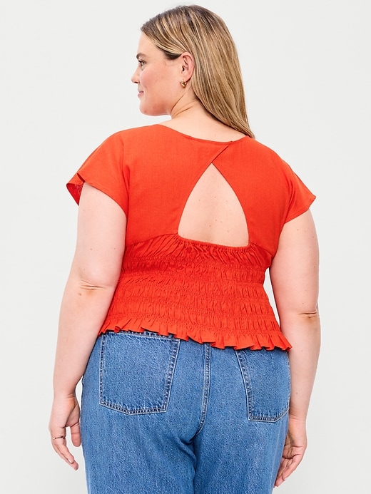 Image number 8 showing, Linen-Blend Short-Sleeve Smocked Top