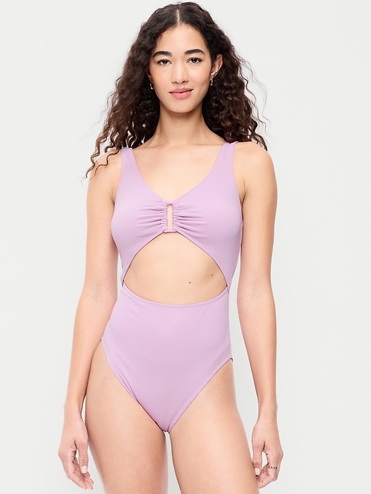 Image number 1 showing, Textured One-Piece Cut-Out Swimsuit