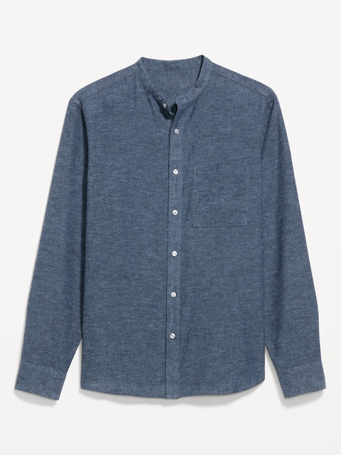 Classic Fit Banded Collar Linen-Blend Shirt
