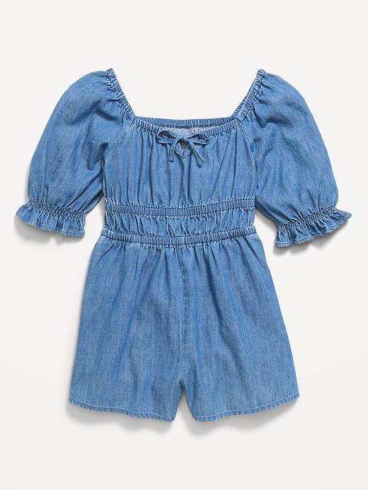 Image number 3 showing, Short-Sleeve Chambray Romper for Girls