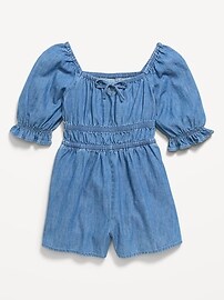 Image number 3 showing, Short-Sleeve Chambray Romper for Girls