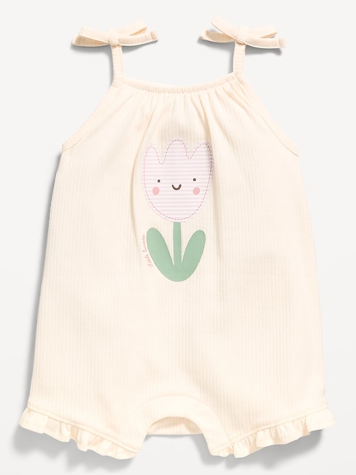 Image number 1 showing, Tie-Strap Graphic One-Piece Romper for Baby
