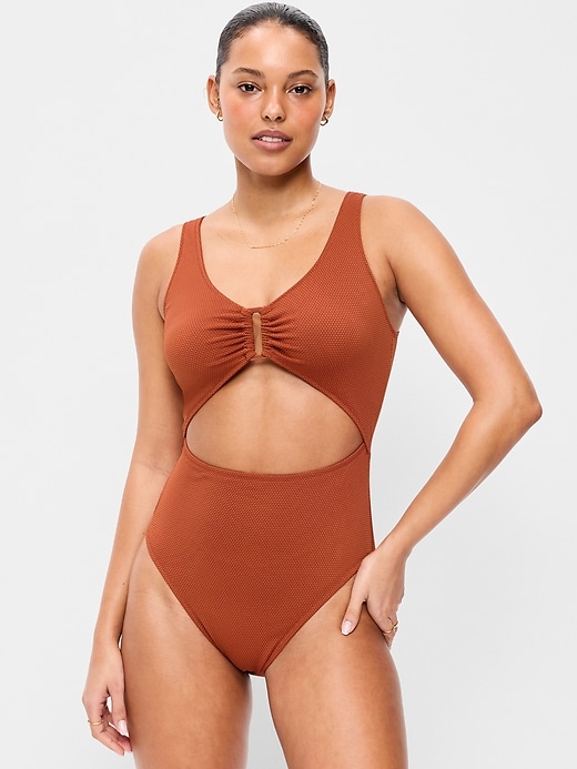 Image number 1 showing, Textured One-Piece Cut-Out Swimsuit