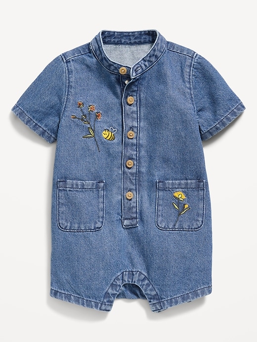 Image number 1 showing, Embroidered Chambray One-Piece Romper for Baby