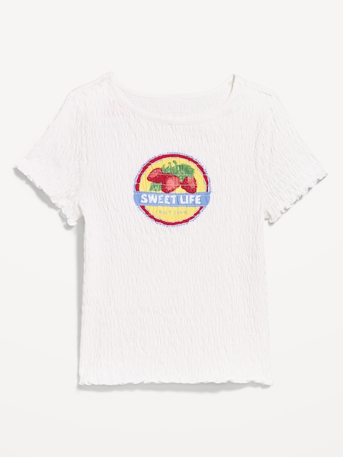 Slit-Neck Smocked Graphic Top