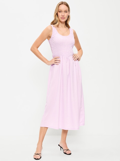 Fit & Flare Sleeveless Smocked-Bodice Midi Dress