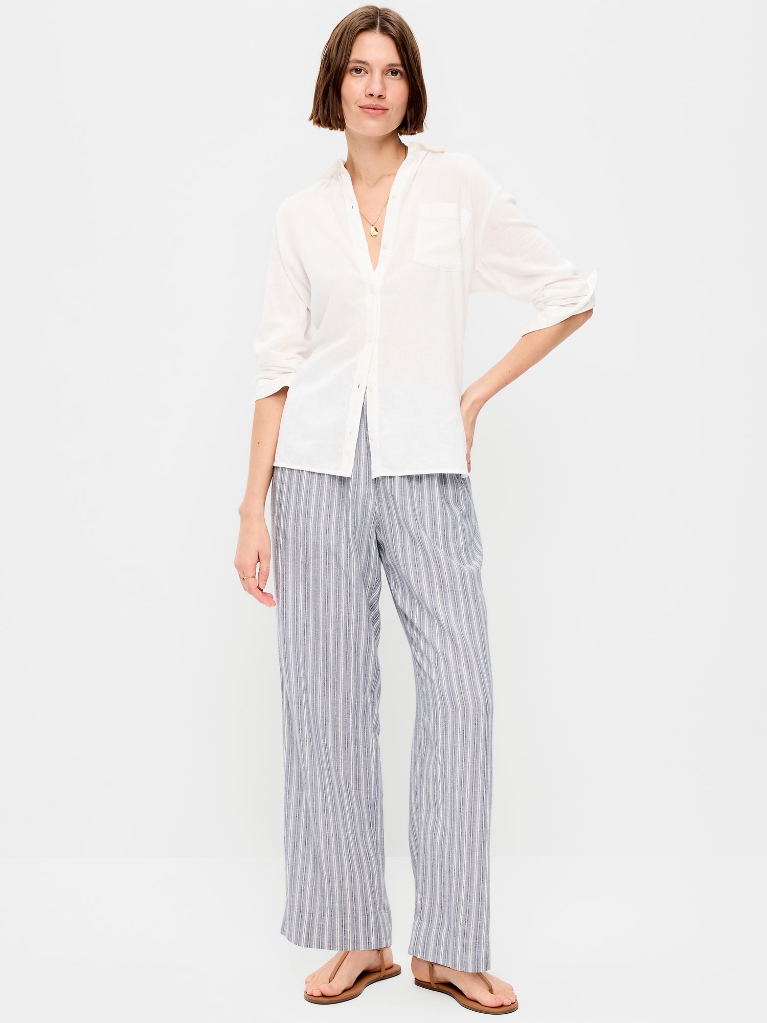 High-Waisted Linen-Blend Straight Ankle Pants