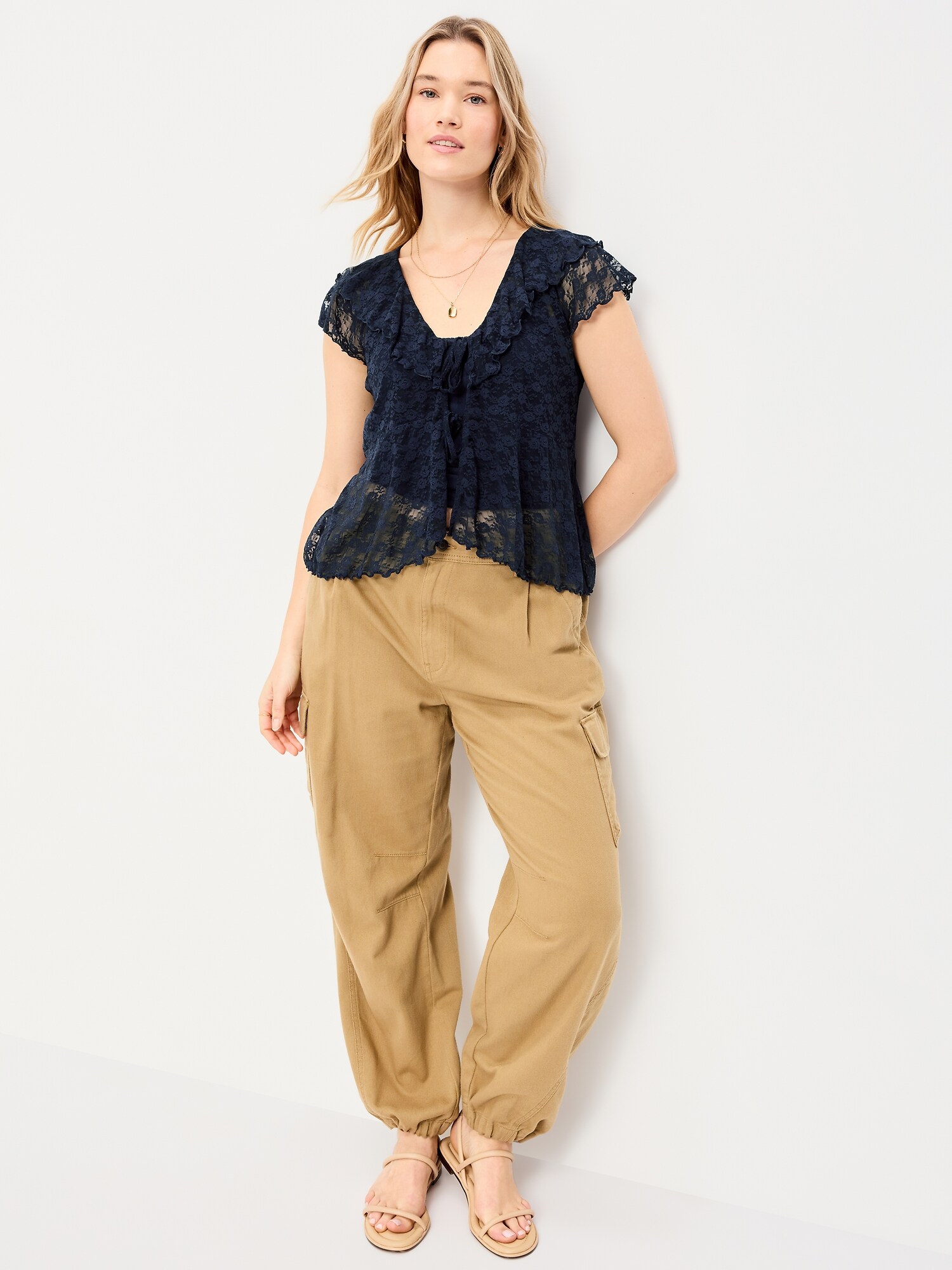 Женский топ Old Navy Short-Sleeve Open-Front Lace Ruffle Top, цвет: Arctic Depth — фото 3