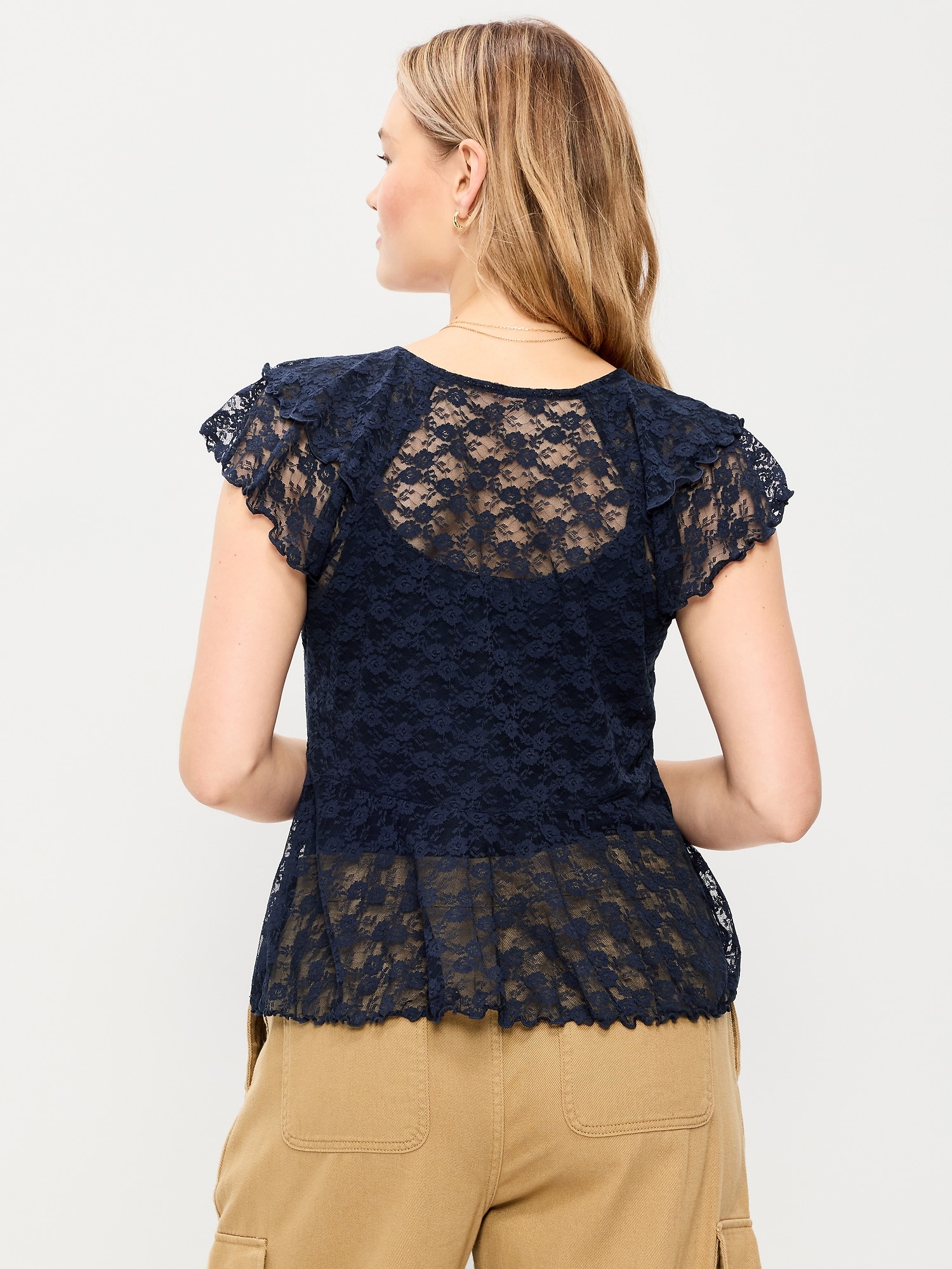 Short-Sleeve Open-Front Lace Ruffle Top