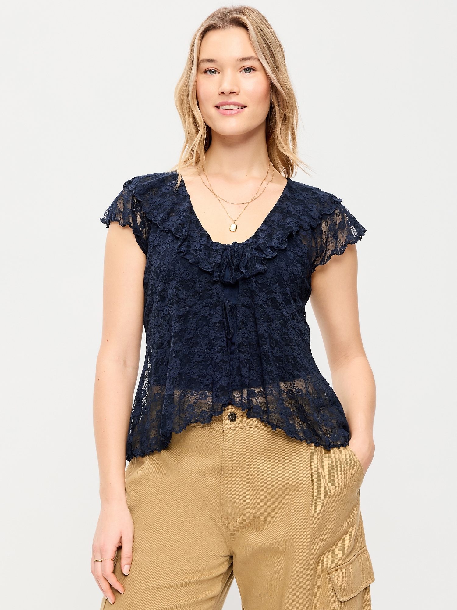 Short-Sleeve Open-Front Lace Ruffle Top