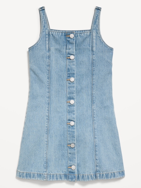 Sleeveless Fit and Flare Button-Front Jean Dress for Girls
