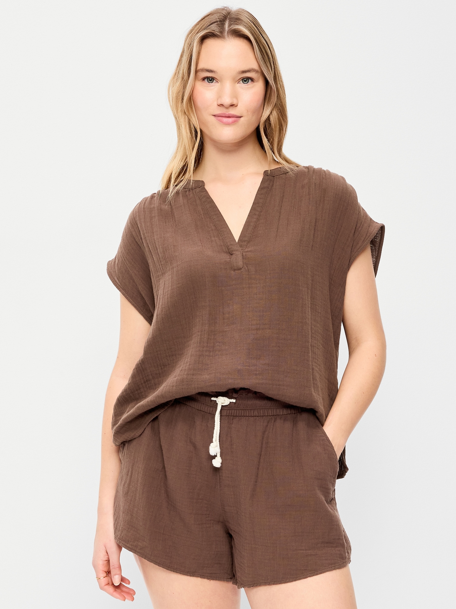 Image number 5 showing, Short-Sleeve Crinkle Gauze Popover Top