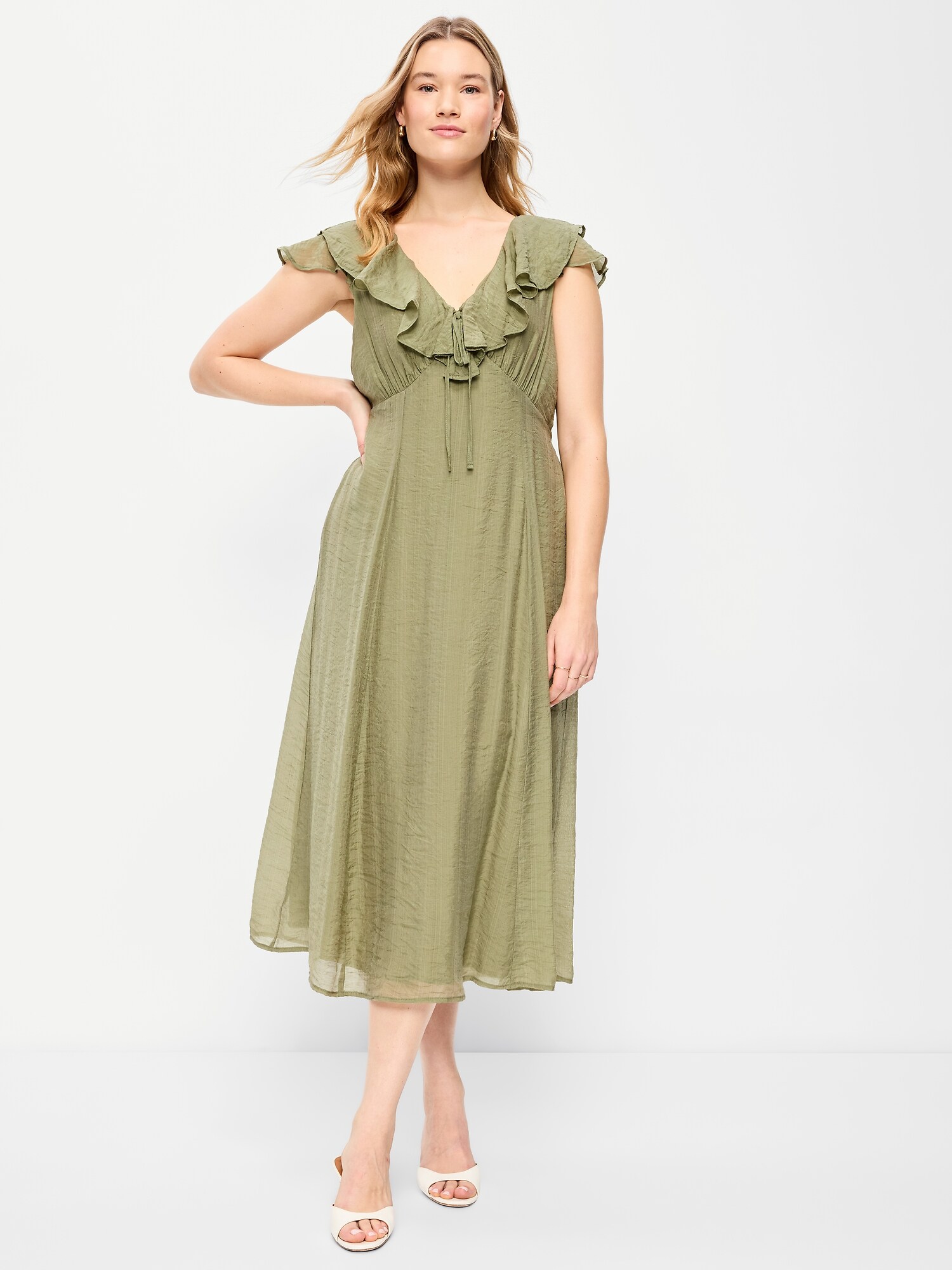 Женское платье Old Navy Ruffle-Sleeve Fit & Flare Midi, цвет: Bare Ground — фото 6