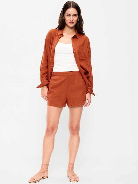 High-Waisted Beach Linen Pull-On Shorts