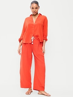 High-Waisted Crinkle Gauze Wide-Leg Barrel Pants