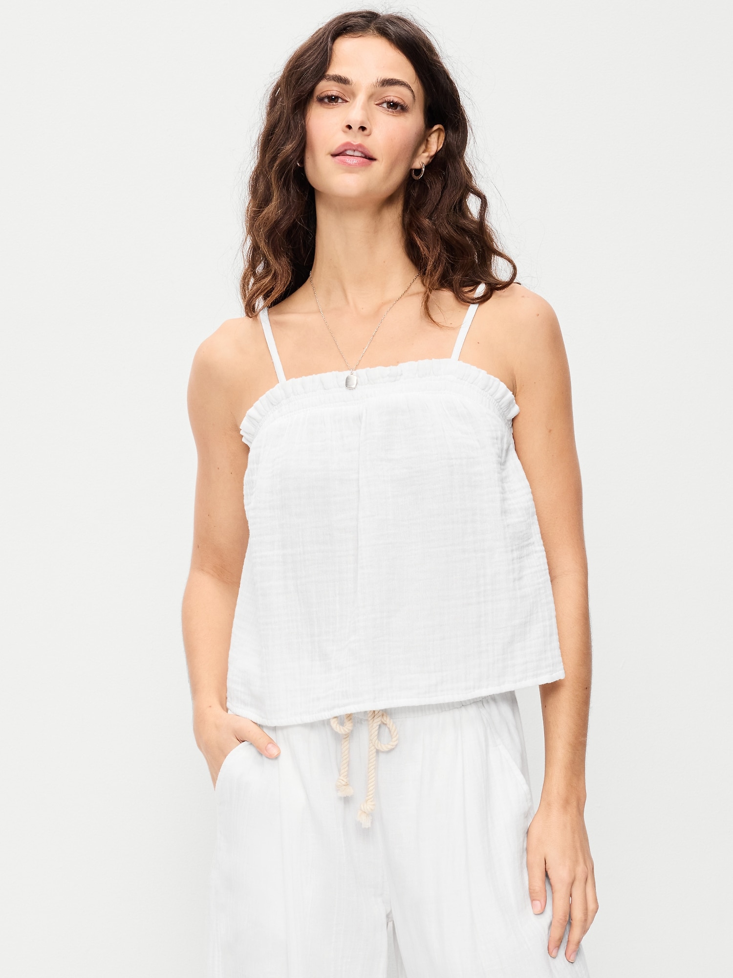Image number 1 showing, Open-Back Crinkle Gauze Tank Top