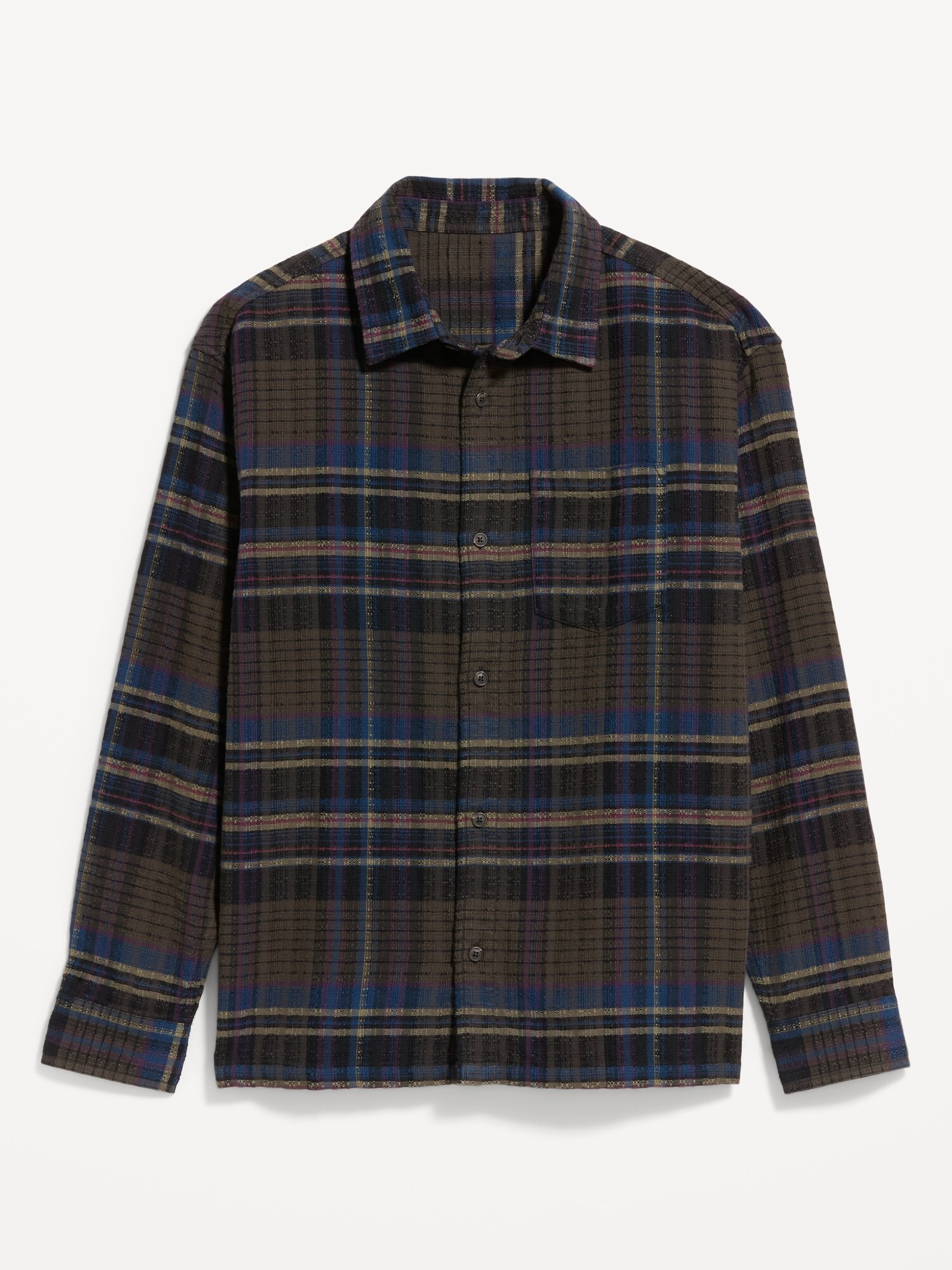 Мужская рубашка Old Navy Loose Fit Textured Plaid Pocket, цвет: Чёрный клетчатый — фото 4