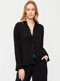 Open-Back Crinkle Gauze Button-Down Shirt - image 3