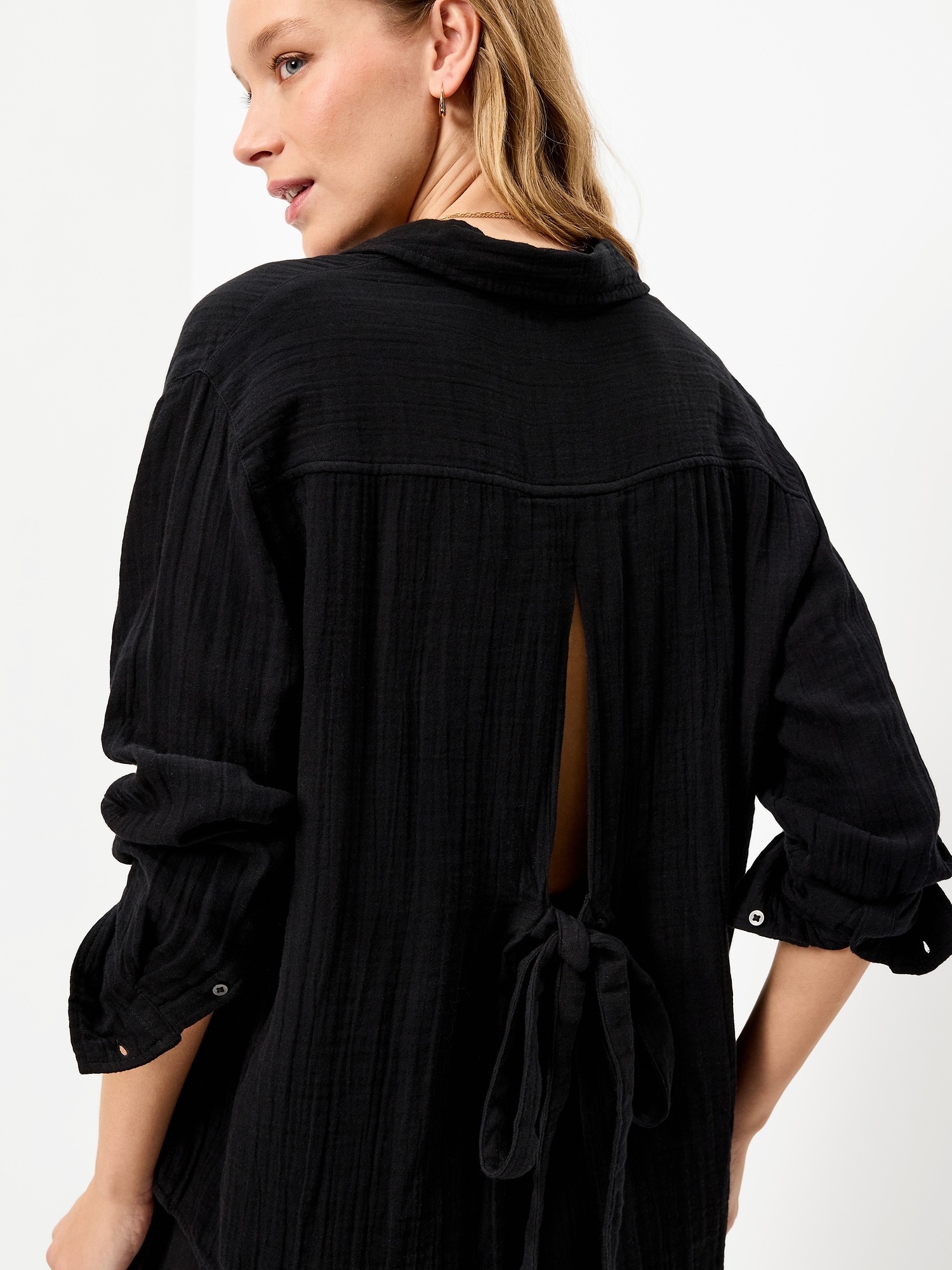 Open-Back Crinkle Gauze Button-Down Shirt