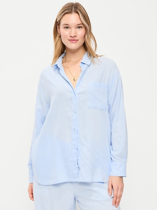 Image number 4 showing, Linen-Blend Loose Button-Down Shirt