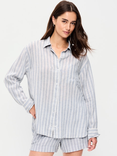 Linen-Blend Loose Button-Down Shirt