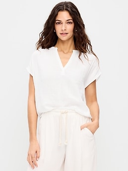 Short-Sleeve Crinkle Gauze Popover Top - image 3