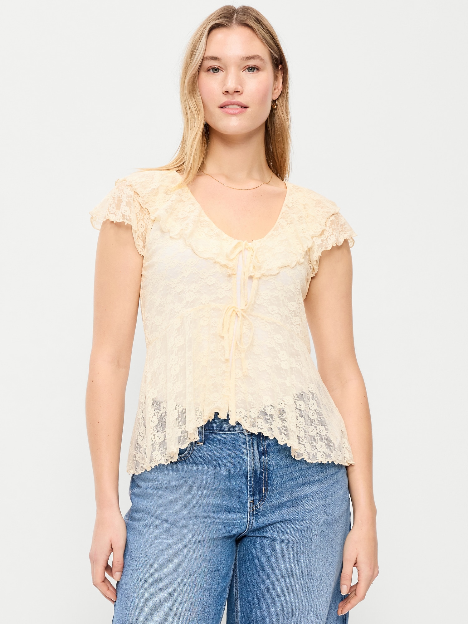 Short-Sleeve Open-Front Lace Ruffle Top