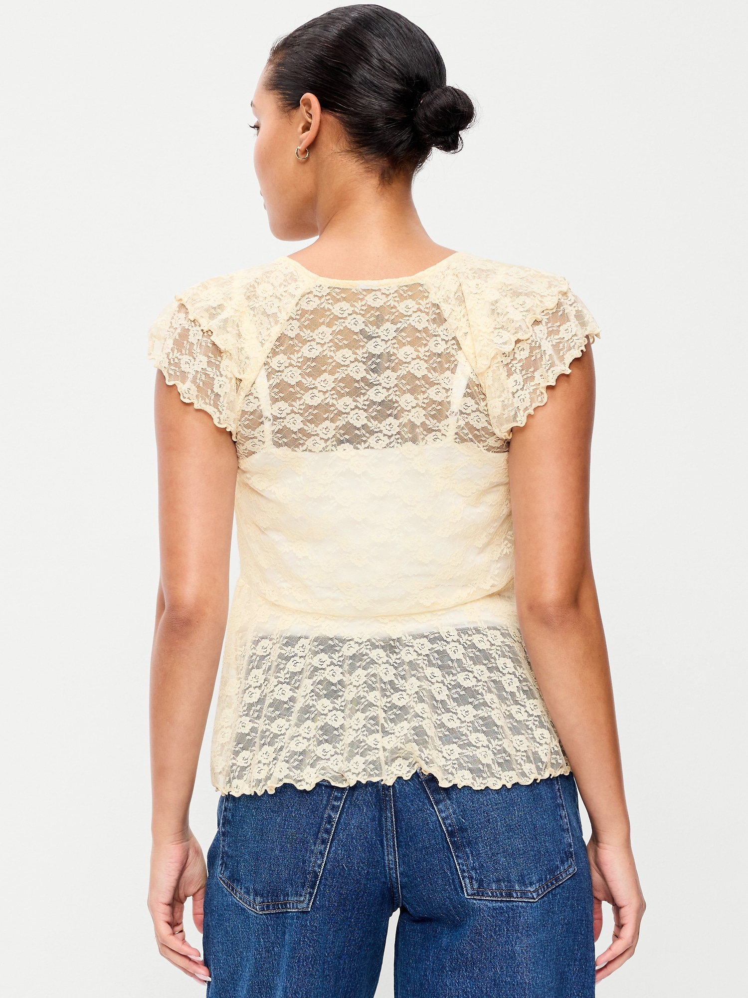 Short-Sleeve Open-Front Lace Ruffle Top