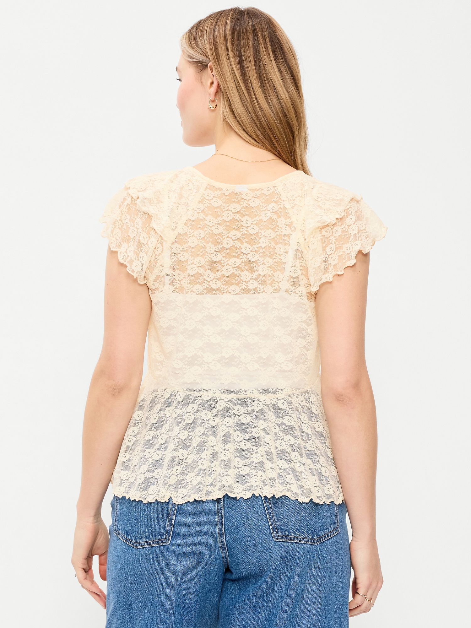 Short-Sleeve Open-Front Lace Ruffle Top