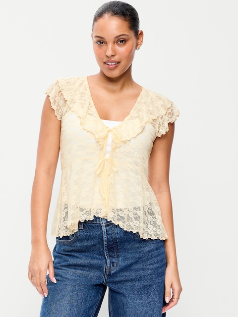 Short-Sleeve Open-Front Lace Ruffle Top