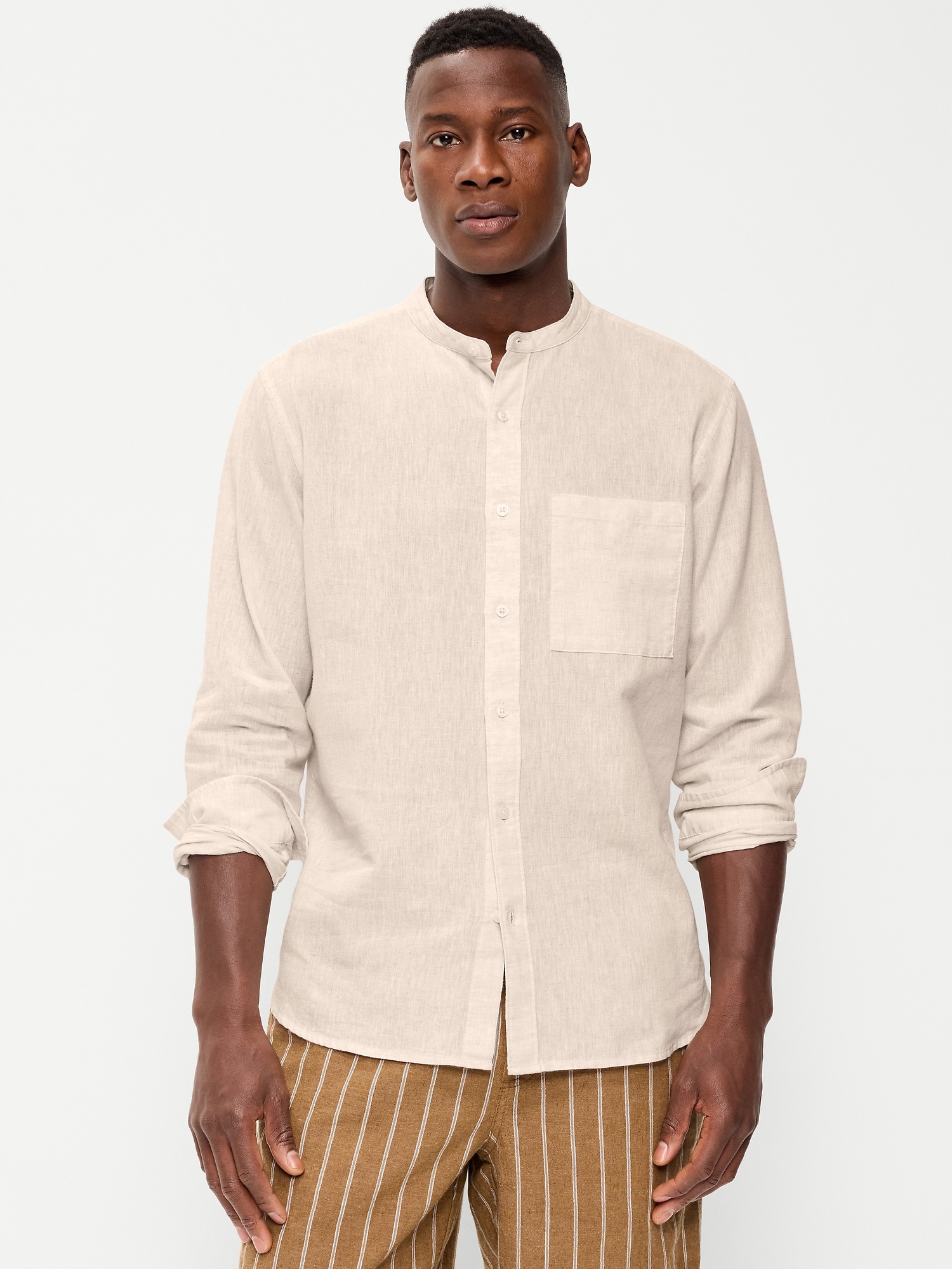 Classic Fit Banded Collar Linen-Blend Shirt