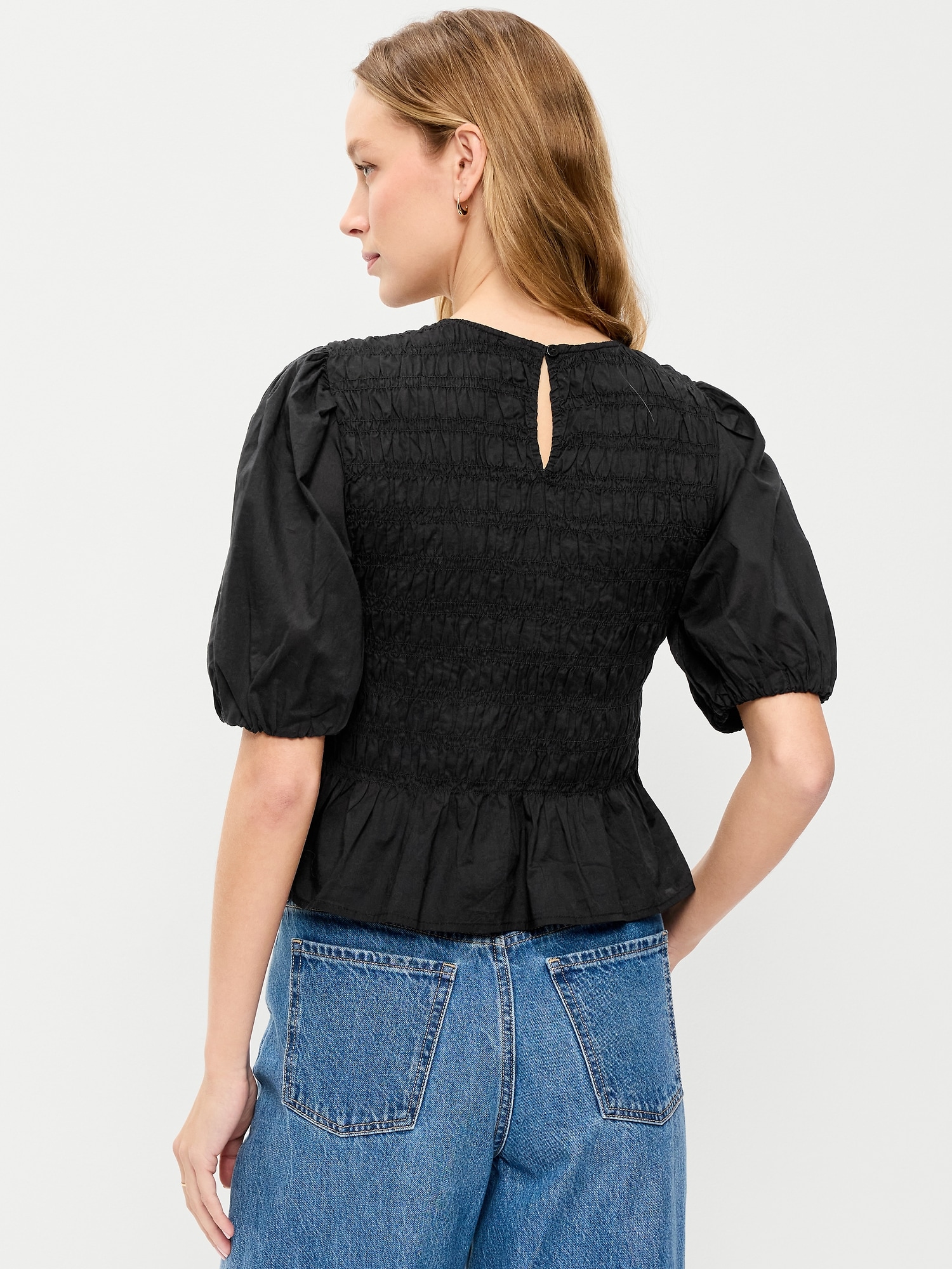 Puff Sleeve Peplum Smocked Top