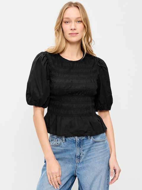 Puff Sleeve Peplum Smocked Top