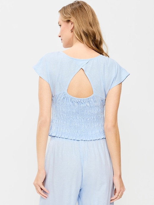 Image number 2 showing, Linen-Blend Short-Sleeve Smocked Top